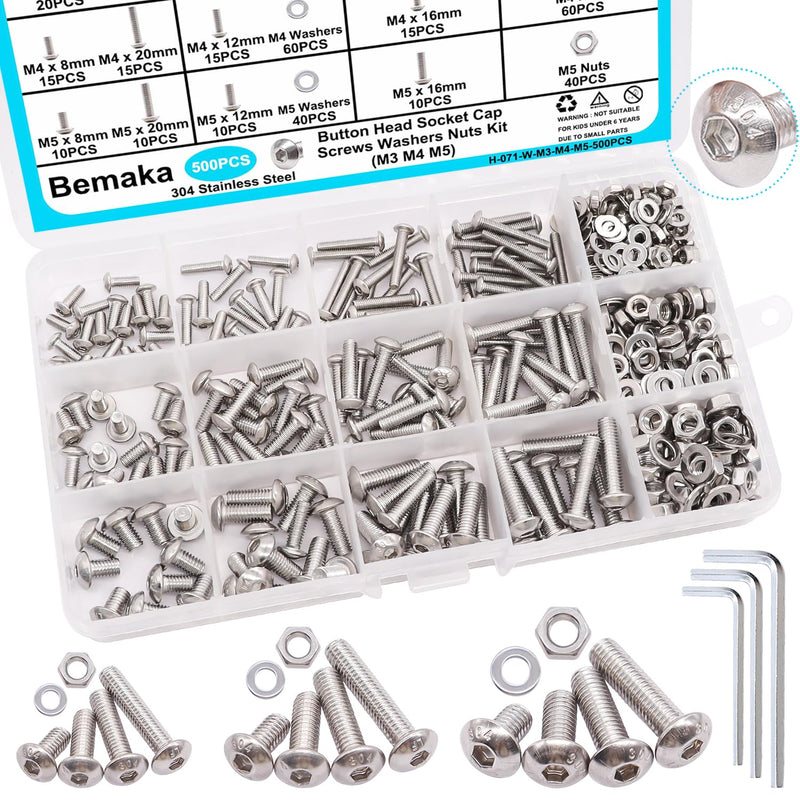 [Australia - AusPower] - 500PCS M3 M4 M5 Metric Screw Assortment Kit, 8-20mm Button Head/Socket Head Cap Screws Bolts Nuts Washers Assortment Kit, 304 Stainless Steel Machine Screws with 3 Hex Wrench 