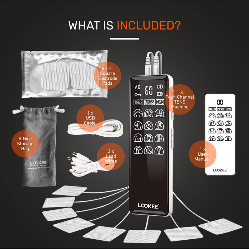 LOOKEE 4-Channel TENS Unit & EMS Muscle Stimulator – Drug-Free Pain Relief, Rechargeable TENS Machine with 36 Modes & 40 Intensity Levels for Back, Shoulder, Knee, and Nerve Pain Therapy