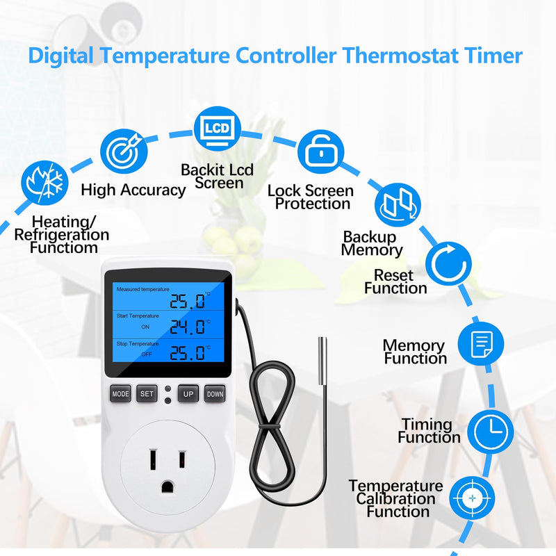 [Australia - AusPower] - Diymore Digital Thermostat Temperature Controller Electric Digital RV Thermostat Heating Cooling Control Mode Timer 1800W 120V 15A Incubator Thermometer Reptile Thermostat Greenhouse Pool Thermometer 