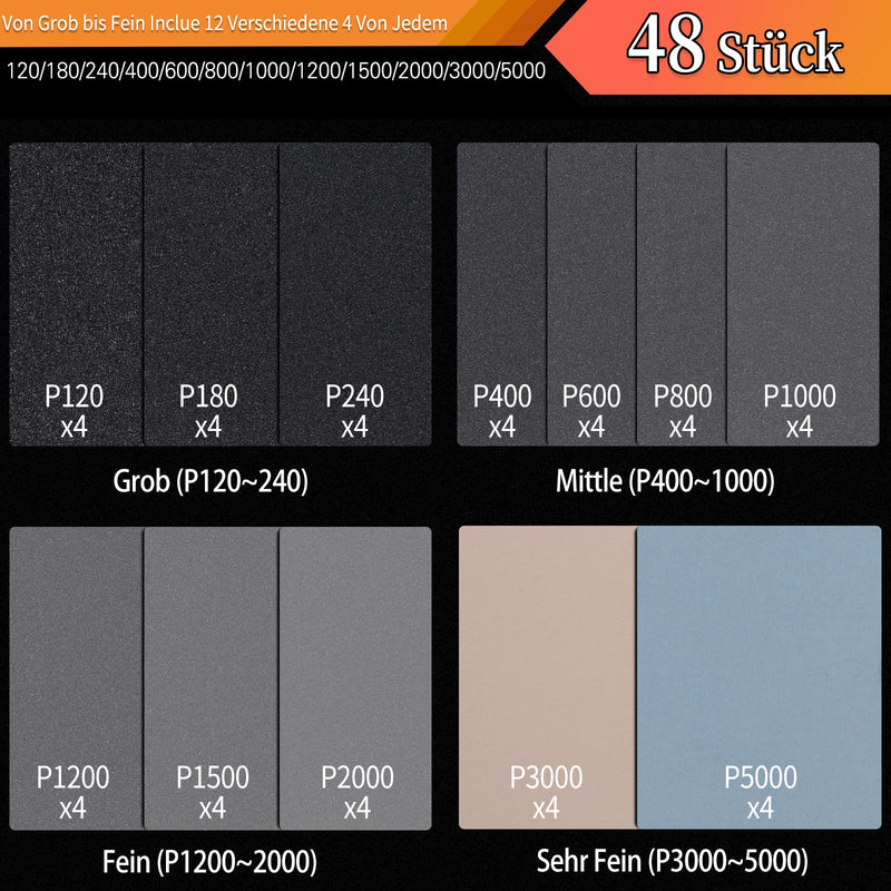 Sandpaper Set of 48 Wet and Dry Professional Water Emery Paper for Car, Metal, Wooden Furniture, Stone, Varnish, Glass, Grit 120/180/240/400/600/800/1000/1200/1500/2000/3000/5000, 23 x 9 cm (120 to 5000) 48 pieces