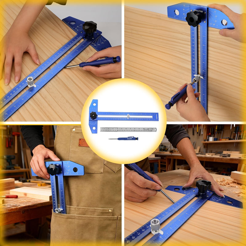 GRENPRO Woodworking Scriber Marking Line Ruler with Carpenter Pencil & Metal Ruler, Adjustable Aluminum Alloy Sliding T-Square Ruler, Measuring Angle Finder with Adjustment Scale,Drawing Aid Rule tool Blue