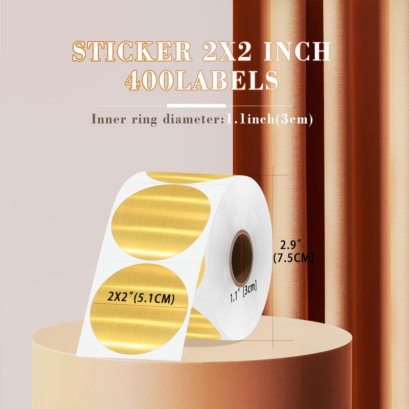 PARLAIM 2 Inch Brushed Gold Circle Thermal Sticker Printable Round Holographic Material Self-Adhesive Direct Thermal Label for DIY Logo Design, QR Code, Name Tag, 400 Dots/Roll