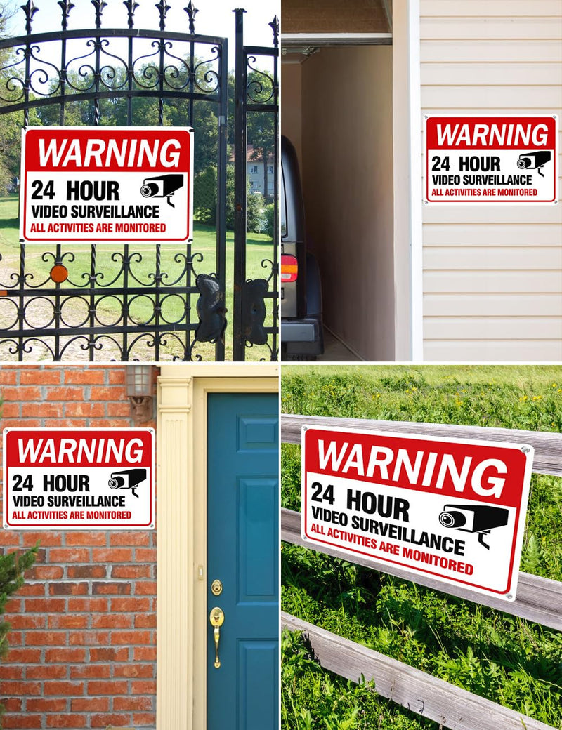 Video Surveillance Sign, 4-Pack 12"x 8" Security Camera Signs, Reflective and Waterproof Material 24 Hour Surveillance Sign For Home/Business sing-02-Red 4 Packs