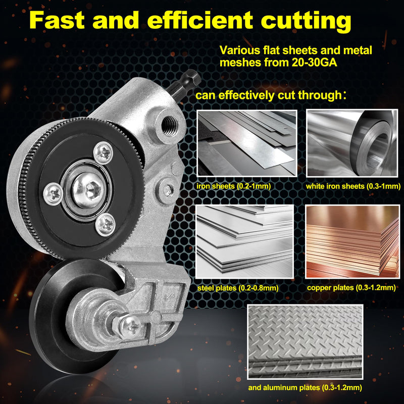 [Australia - AusPower] - Upgraded Electric Drill Plate Cutter - Efficiently shears flat sheet metal, Metal Cutting Attachment with Adapter - Cuts 20-30GA sizes of Iron, Steel, Tin, Aluminum, and cardboard up to 3MM 
