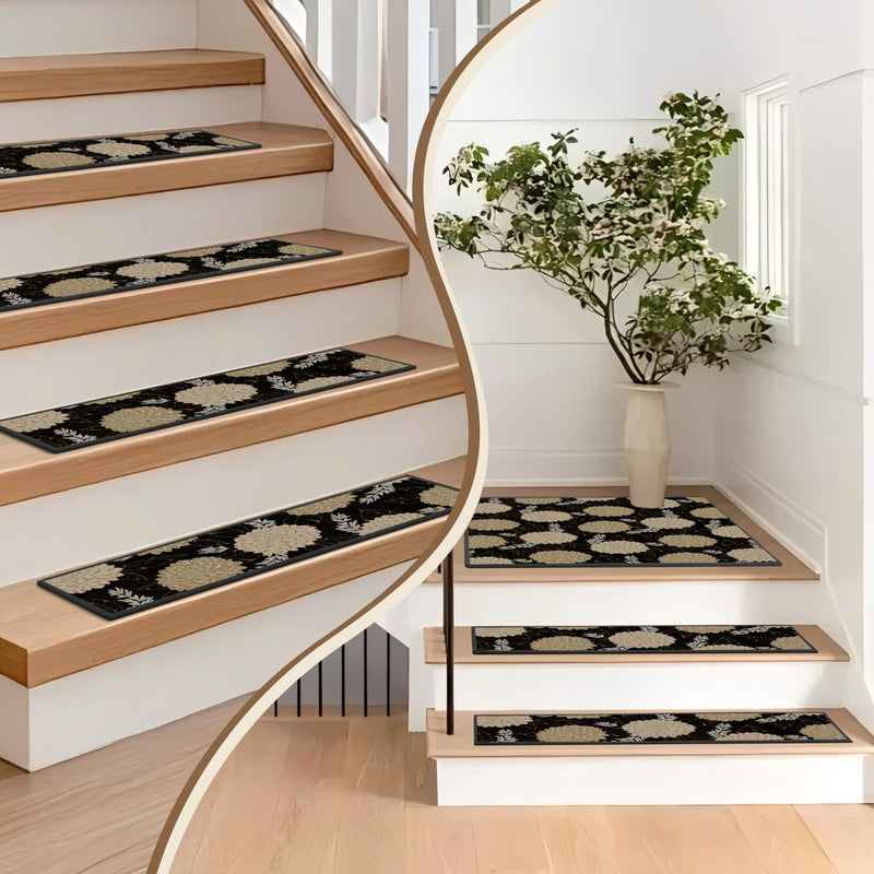 Non-Slip Carpet Stair Treads 4PCS, 8"x30" Peel and Stick Stair Runner for Wooden Steps Indoor, Washable Reusable Adhesive Backing, Pet-Friendly Safety Mats for Kids, Elders, Dogs 8inch x 30inch Black | Beige 4