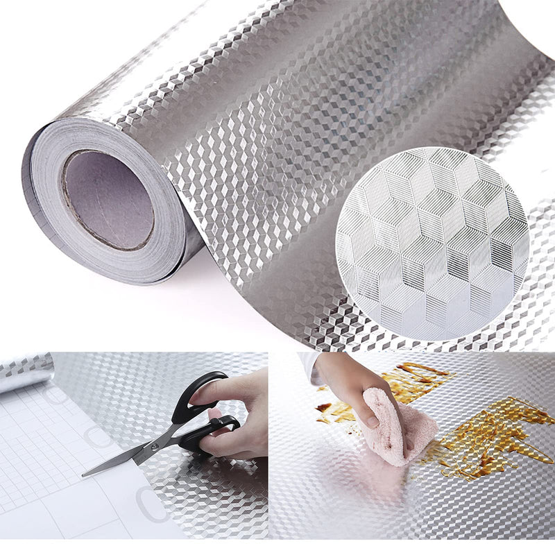 Snkxu Kitchen Wallpaper Oil Proof Sticker Backsplash Aluminum foil Oil self-Adhesive Paper Silver Cabinet Liner Waterproof and Heat Resistant Peel and Stick backsplash, 15.7X197 Inches 15.7"W x 197"L