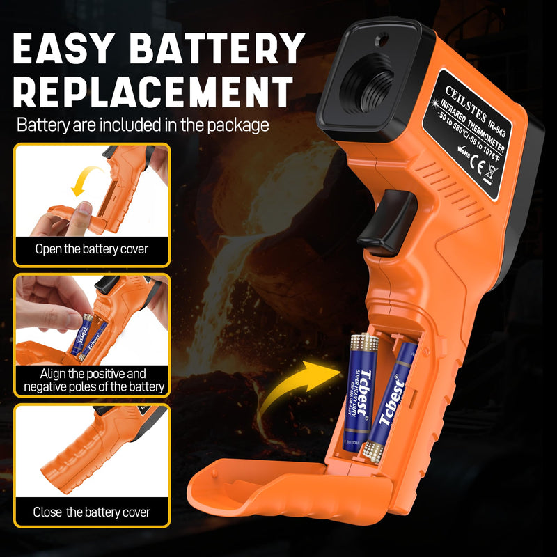 [Australia - AusPower] - Infrared Thermometer Gun, Infrared Temperature Gun for Cooking, Laser Thermometer Gun -58℉~1076℉ with Adjustable Emissivity & Max/Min, Suitable for Industry, ovens, HVAC (Not for Human) Orange 