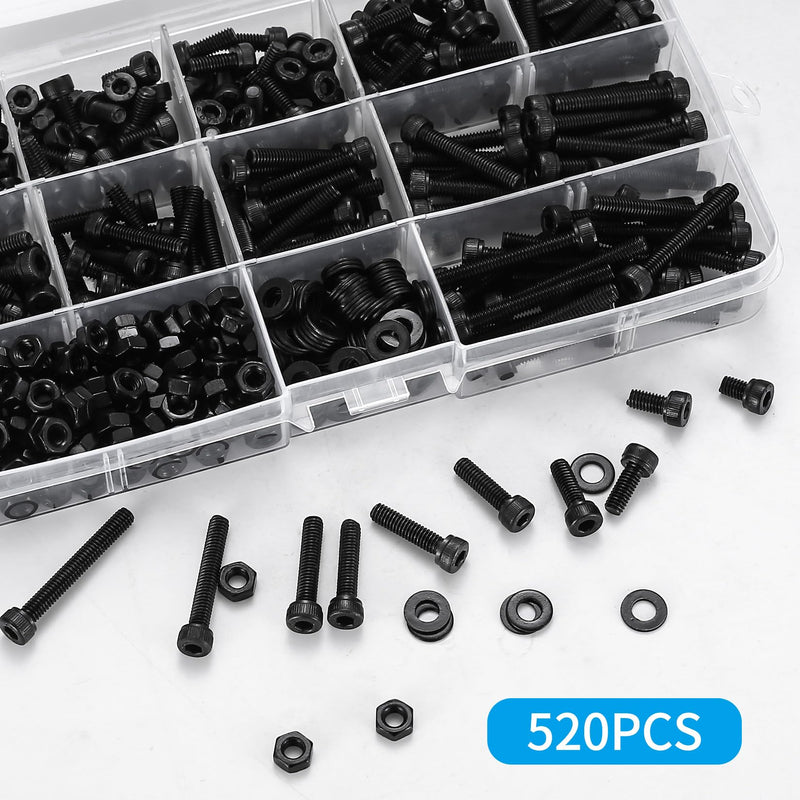 [Australia - AusPower] - M4 Hex Socket Head Cap Screws Bolts and Nuts and Washers Assortment Kit, 520 Pcs Metric Allen Hex Socket Drive Screws Bolts, 12.9 Grade Alloy Steel, Black Oxide Finish, Fully Threaded M4-520 B 