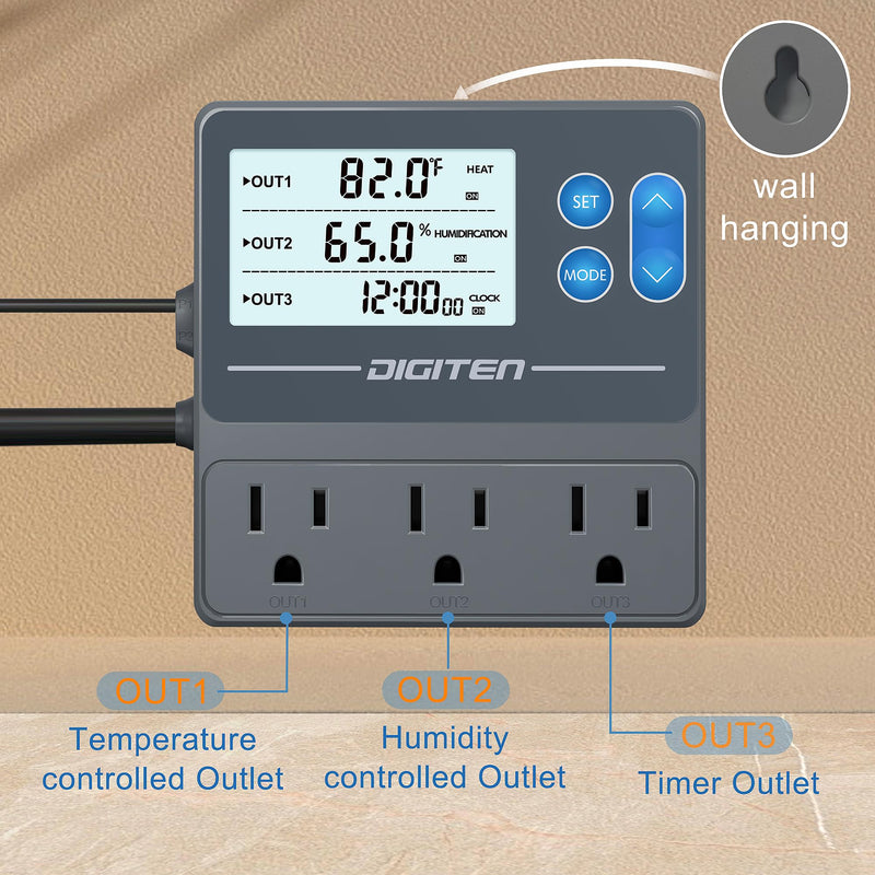 [Australia - AusPower] - DIGITEN Reptile Temperature and Humidity Controller with Timer Outlet, Day-Night Function Thermostat, 3-Stage Outlet Plug in Temperature Controller for Reptile, Mushroom, Homebrew 