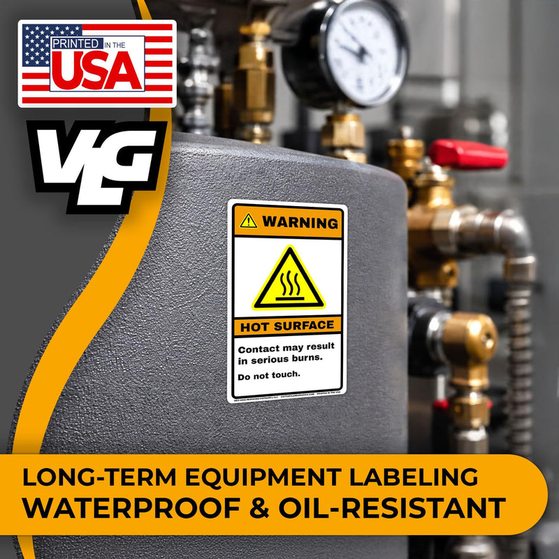 WARNING Hot Surface Safety Labels – ANSI Z535 Industrial Safety Signage, 3x5 Inch Waterproof Vinyl Hazard Decals, High-Temperature Equipment Warning, 10 Pack