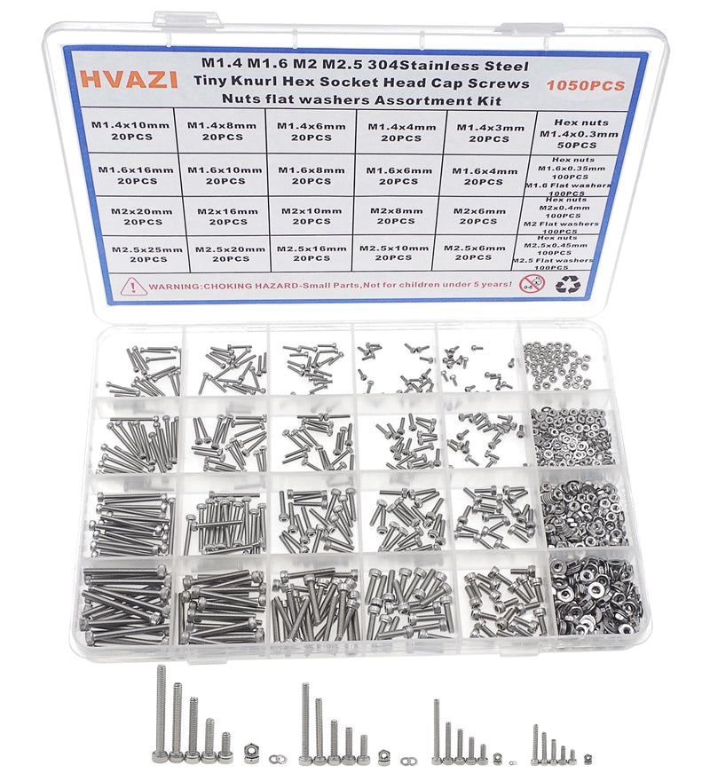 [Australia - AusPower] - Metric 1050PCS M1.4 M1.6 M2 M2.5 304 Stainless Steel Knurl Socket Head Cap Screws Hex Nuts Flat Washers Assortment Kit 
