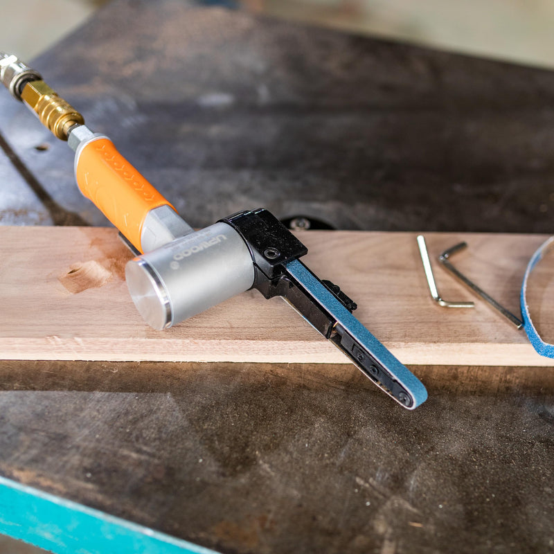 Air Belt Sander 3/8" x 13" Belt Size Pneumatic Tool with 12pc Belts (#40, #60, #80 & #120), Good for Deburring, Sanding and Finishing (3/8" x 13" Sander) 3/8 x 13" Belt Sander