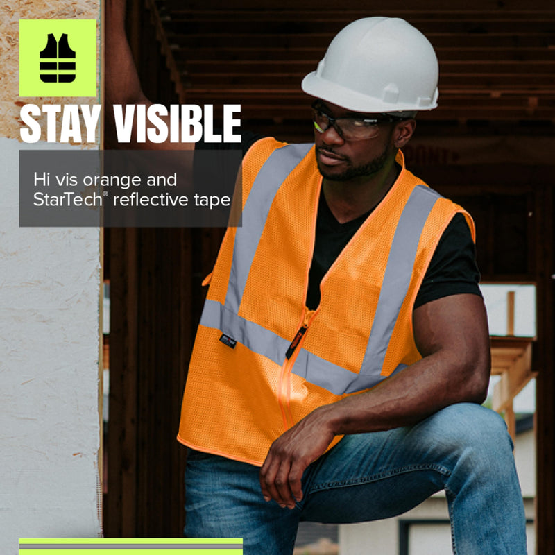 Pioneer Hi Vis Mesh Safety Vest - For Traffic & Public Workers - Cool & Lightweight - Class 2 - Reflective Tape - Orange