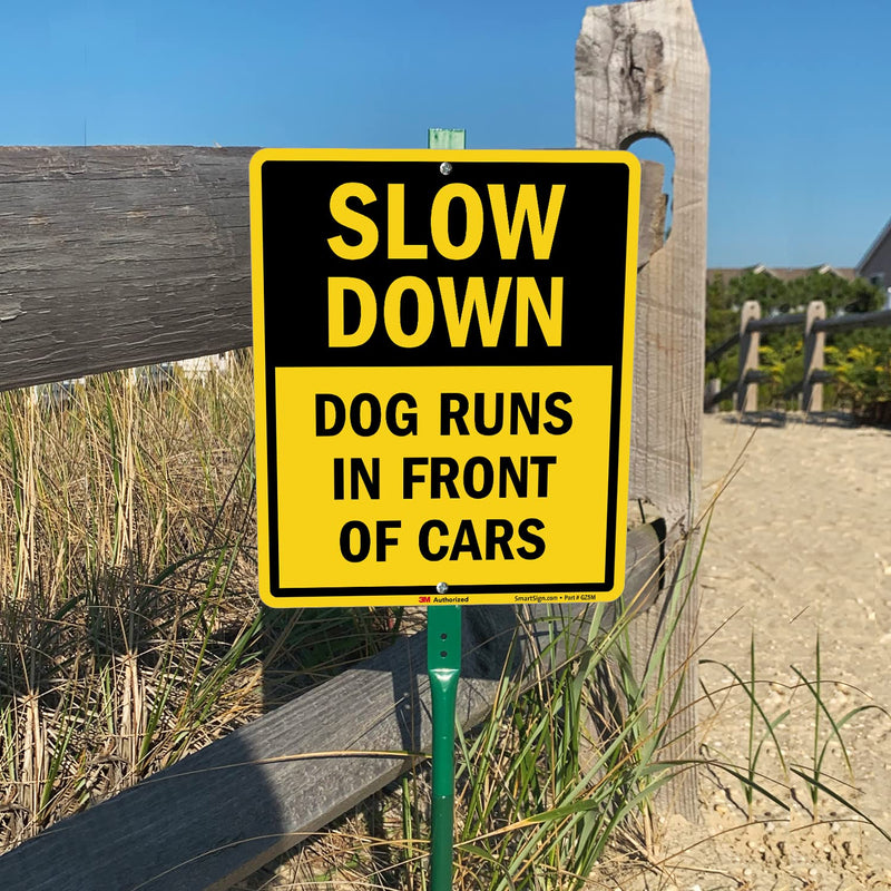 SmartSign 12" x 10" 'Slow Down Dog Runs In Front Of Cars' LawnBoss Yard Sign with 3 ft Stake, 40 mil Aluminum, 3M Laminated Engineer Grade Reflective Material, Black and Yellow