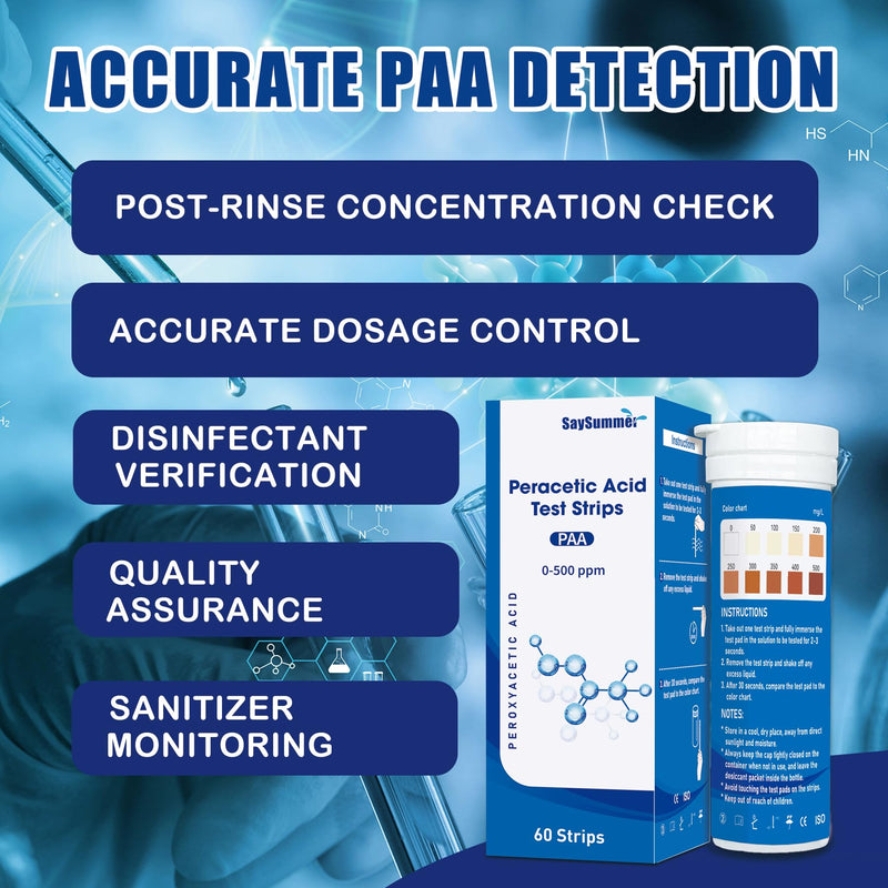 Peracetic Acid Test Strips, 60 Counts PAA Test Strips Testing 0-500 ppm Perocyacetic Acid for Lab Factory and More