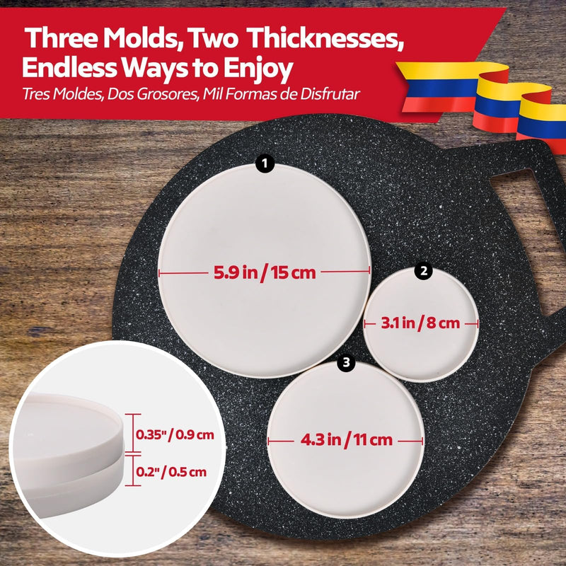 12" Budare for Arepas (Thin) + Molde para Arepas (5.9", 4.3", 3.1") – Plancha para Arepas Colombianas y Venezolanas – Budare para Arepas Venezolanas (Delgado)