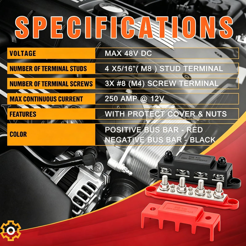 250A Busbar M8, Busbar 12V-48V DC with Cover, Includes Cable Lugs, Heat Shrink Tubing and Screw Terminals for Motorhome, Boat, Yacht, Car and Marine M8-Bausatz