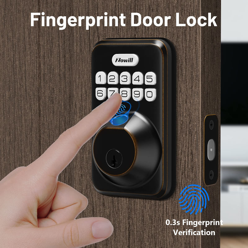 Fingerprint Door Lock, Zowill Keyless Entry Door Lock Keypad Deadbolt with 20 Biometric Fingerprints, 20 User Codes, Auto Lock, Anti-Peeping Password, IP54 Waterproof, Easy Installation Smart Lock Oil Bronze