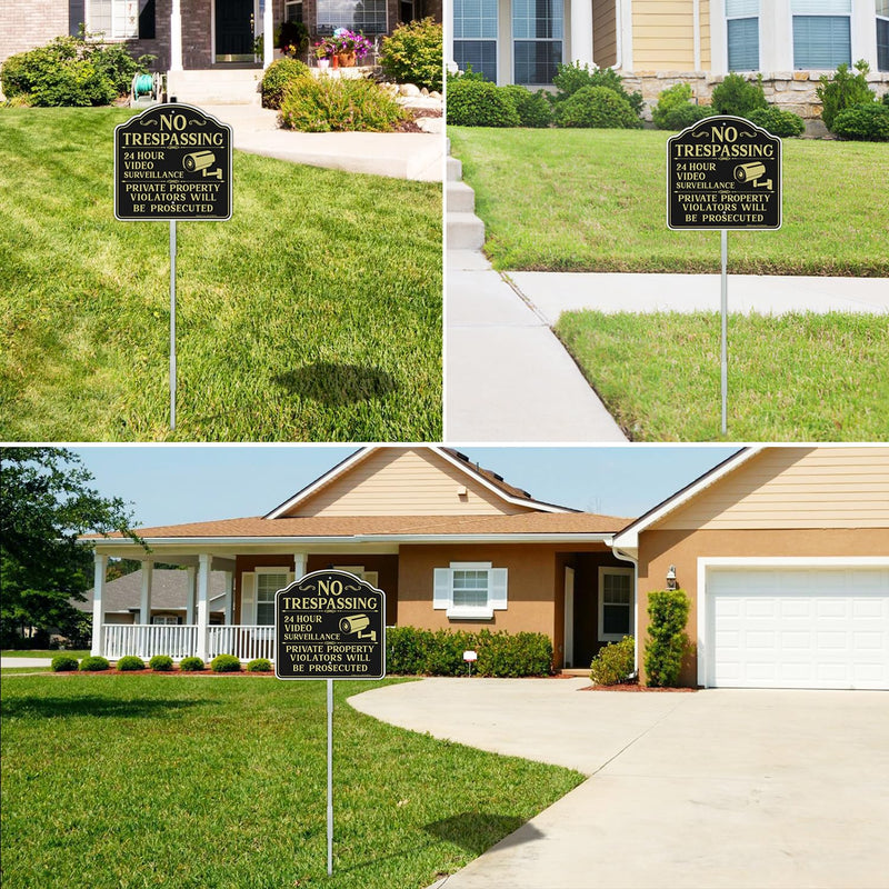 Faittoo No Trespassing Signs Private Property Video Surveillance Sign with 42" Stake, 2-Pack 12"x12" Rust Free Aluminum, Reflective, 2 Pre-drilled Holes, Includes Matching Screws & Wren Black Gold with 42" Stake- 2 Pack