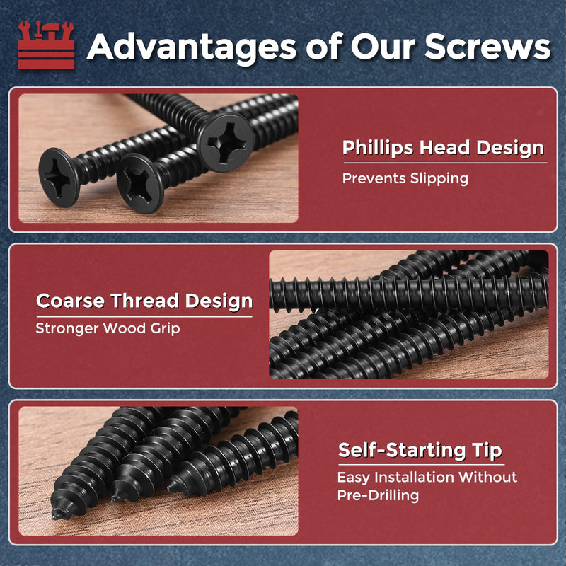 300pcs Phillips Flat Head Wood Screws - [#8x1-1/4] Carbon Steel Countersunk Self Tapping Screws for Furniture Assembly, Interior Trim, Outdoor Construction, Black #8x1-1/4" 300