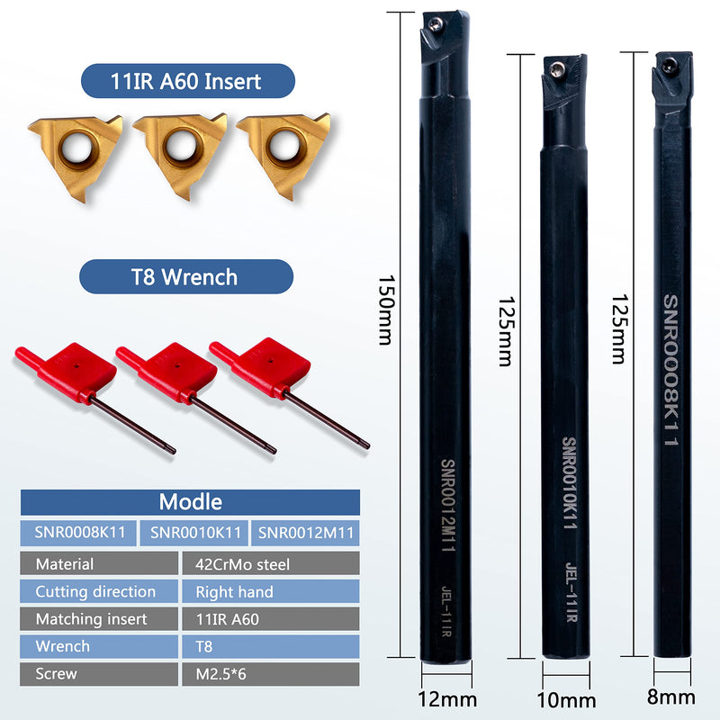 [Australia - AusPower] - Lathe Threading Tool Turning Holder - Boring Bars SNR0008K11 / SNR0010K11 / SNR0012M11 with 3 Indexable Carbide Inserts 11IR A60 for Lathe Turning Tool Cutting Tool… SNR0008/0010/0012 boring bars+3pcs inserts 