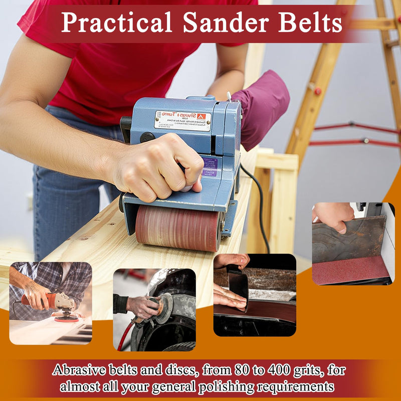 [Australia - AusPower] - 4 x 36 Inch Alumina Sanding Belts (80/120/150/240/400 Grits) and 6 Grits 6-Inch Self Stick No Hole Sanding Disc 11PCS Set for Aluminum Oxide Sanders, Sandpaper for Wood Metal Stainless Steel 11 