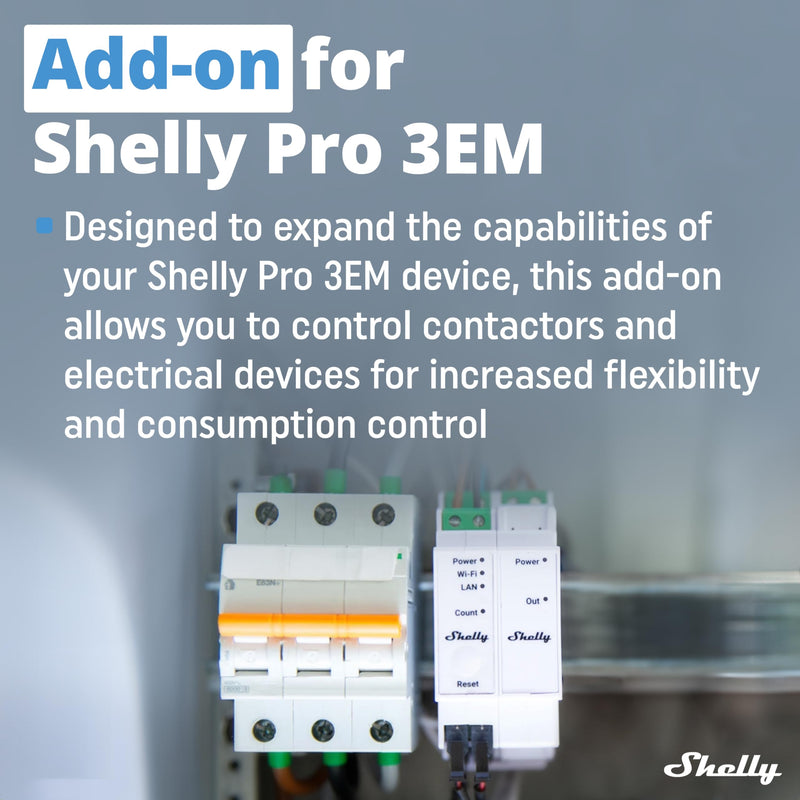 Shelly Pro 3EM Switch Add-On | Add-On Pro 3EM Dry Contacts DIN Rail Mounting | Home Automation | iOS Android app | No Hub Required | Solar Panels | Wind Turbines