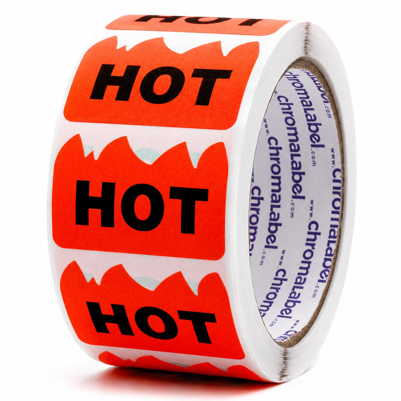 ChromaLabel Hot Stickers, 2 x 1.25 Inch Fluorescent Red Orange Flame Labels, 500/Roll, Rave Hot Stickers for Parties, Festivals, Events, Hot Sauce, Spicy Food & Retail Marking 2" x 1-1/4" Pack of 1