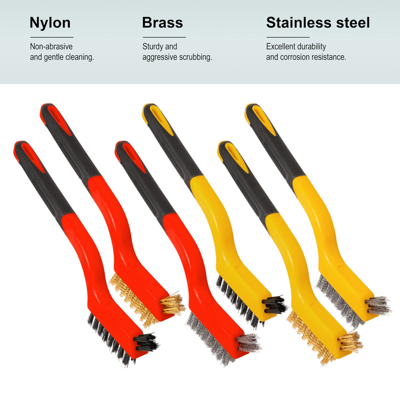 [Australia - AusPower] - 6Pcs Small Wire Brushes for Cleaning Rust, Brass/Nylon/Stainless Steel Brushes with Curved Handle for Cleaning Metal, Paint Removal, Weld Slag & Dirt Cleaning 