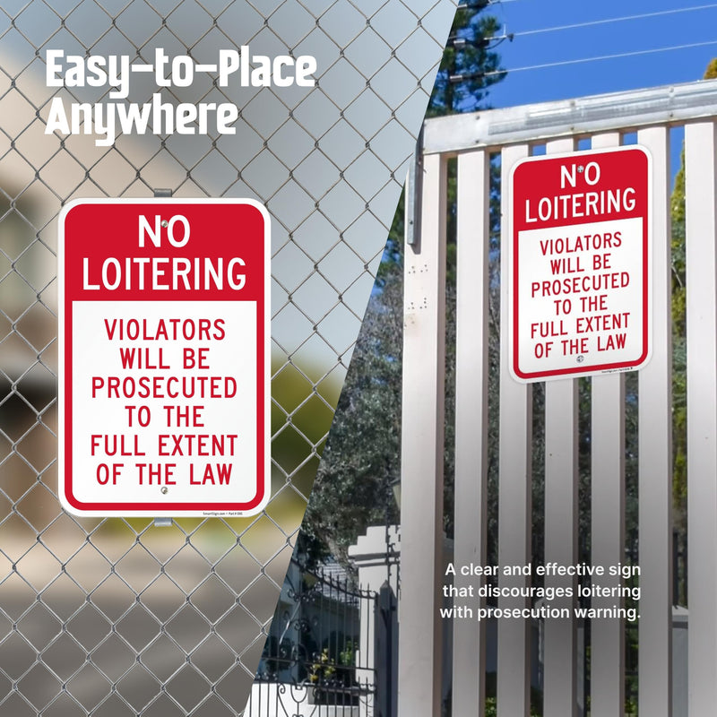 SmartSign No Loitering Violators Will Be Prosecuted Sign - 2 Pack, 18 x 12 inch, 2mm Thick Aluminum Composite, Red and White, Made in USA 12" x 18" - ACM (Pack of 2)