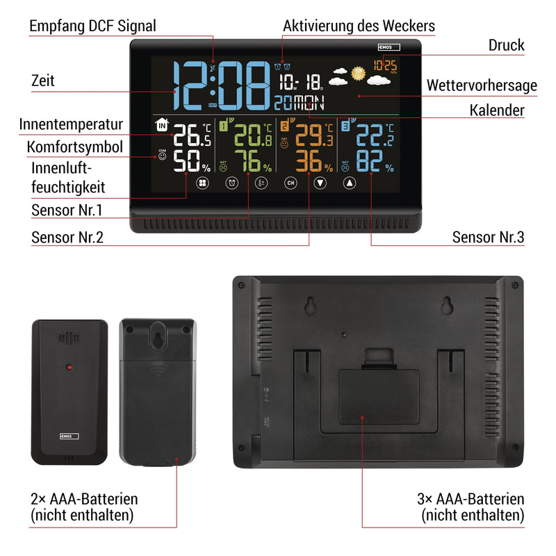 [Australia - AusPower] - EMOS - Wireless Weather Station with 3 Outdoor Sensors and USB Port - Thermometer, Hygrometer, Barometer, Forecast, Memory - Radio-Controlled Clock with Alarm Clock, Calendar, Comfort Display - Stand E8614 