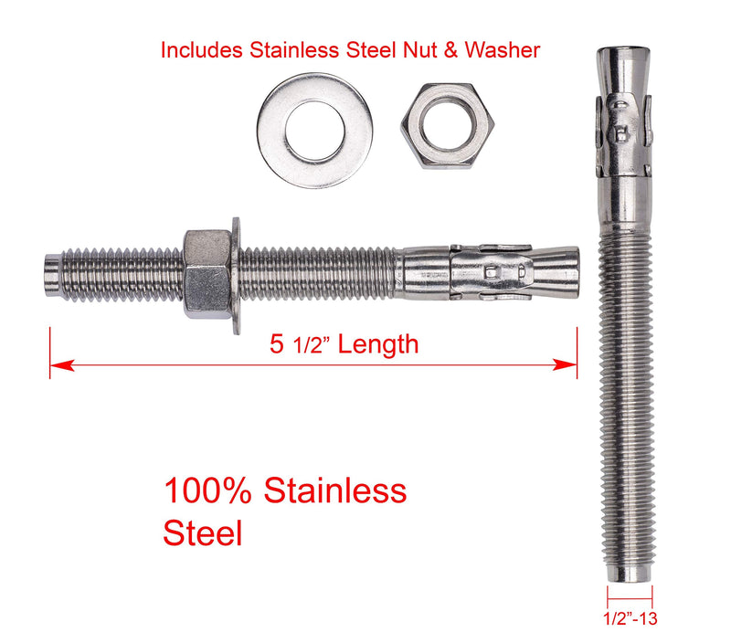 [Australia - AusPower] - Bolt Dropper 1/2" X 5-1/2" Wedge Anchor (5pc), 18-8 Stainless Steel Corrosion Resistant Commercial Grade Washers and Nuts Included Choose Size 1/2" x 5-1/2" 