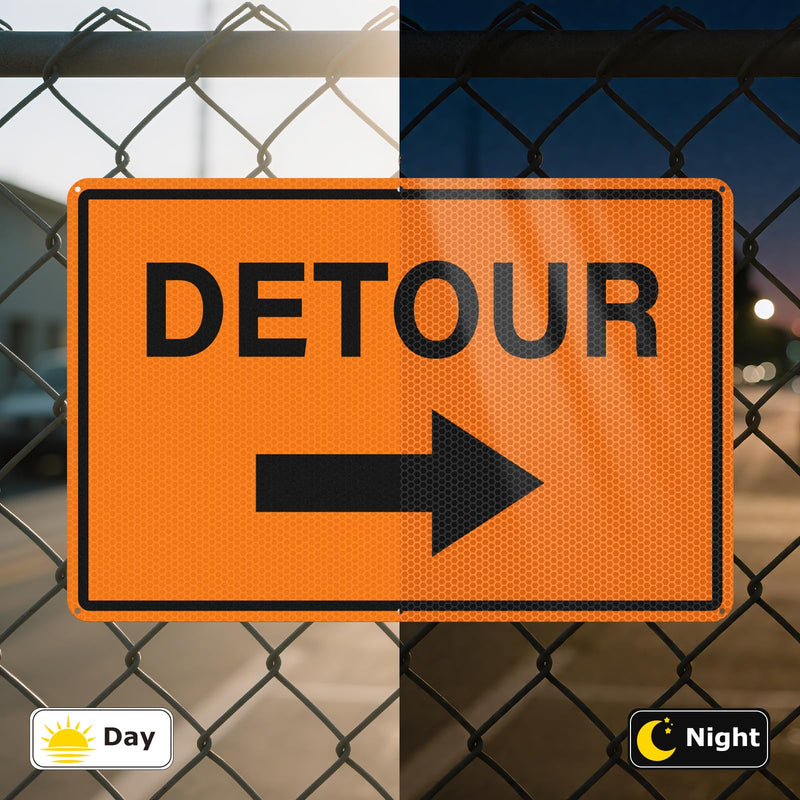 2 Pack Detour Sign with Right Arrow 12 x 18 Inch Reflective Aluminum Traffic Signs Rust-Free Waterproof Road Barricade Signs for Construction Zones Parking Lots Driveways Orange-Right Arrow