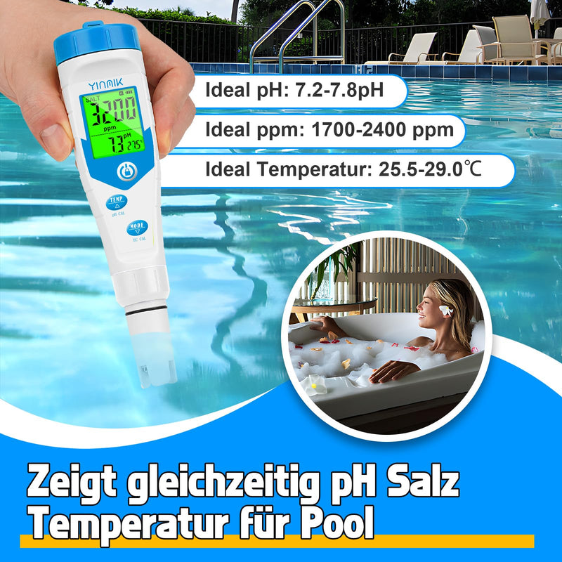YINMIK pH Meter Water, Pool pH Salt Meter with pH Calibration Solution | pH PPM Simultaneous Display for Drinking Water, Digital pH EC Meter for Hydroponics, TDS Conductivity Tester for Koi Ponds blue pH meter