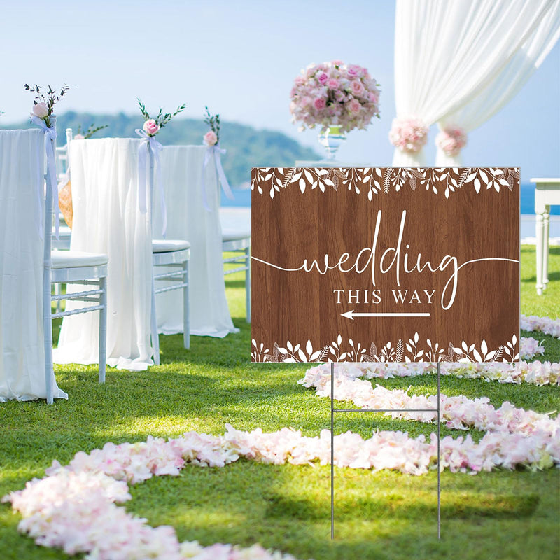 3 Pack 17''×12.5'' Wedding This Way Signs Double Sided Printed Wedding Directional Parking Sign with Stakes for Ceremony Reception Lawn Yard Arrow Signs Plastic Rainproof Party Supplies,Rustic Brown 17” x 12.5”