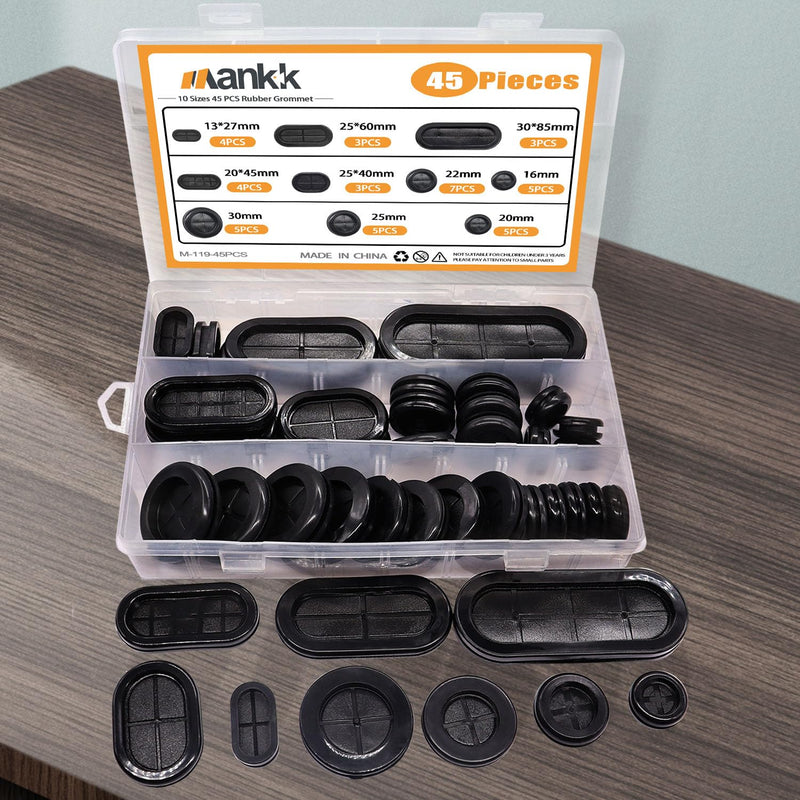 mankk 45PCS Rubber Grommet Kit 10 Size Oval and Round Double Sided Rubber Hole Plug Firewall Hole Plug with Retractable Box Knife for Protecting Cable Wire M-119-45PCS 10 Sizes