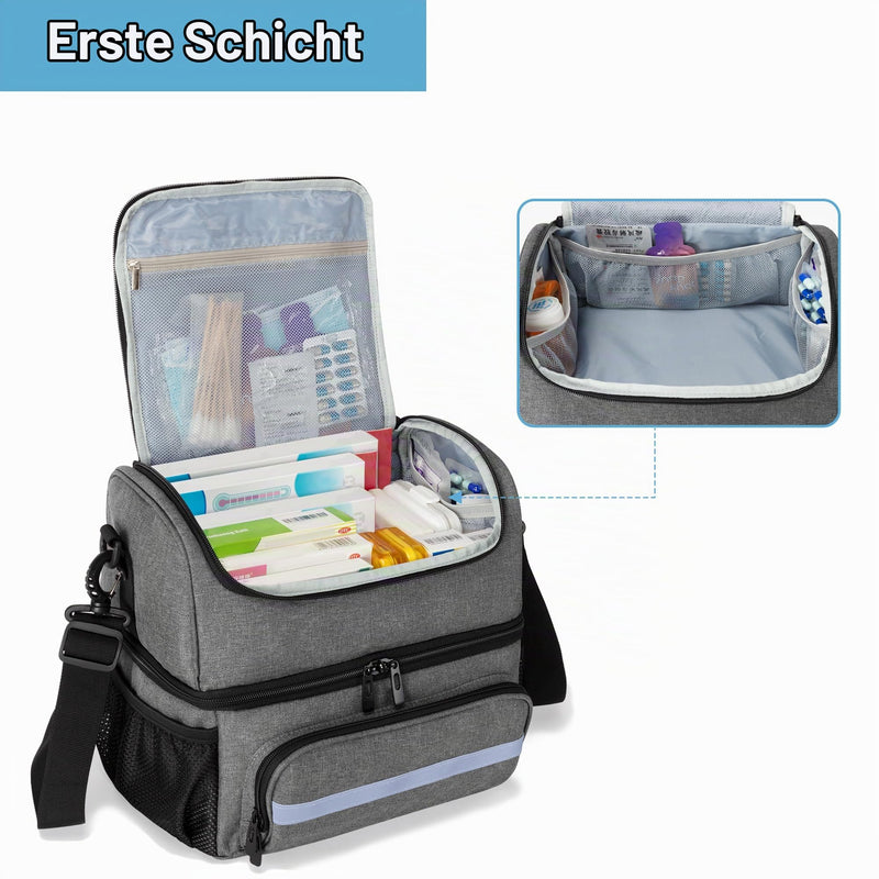 Curmio Double Layer Medical Bag, Travel Pharmacy Bag, Grey | Detachable shoulder strap, reflective strips, carrying handle, for medicine bottle/vitamins/medical supplies, emergency bag, empty, grey