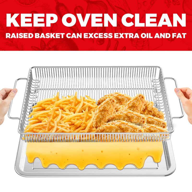 Air Fryer Basket for Oven with Upgraded Striped Mesh, 13.9" x 8.8" Thick Food-Grade Stainless Steel Rack & Tray Set with 50 Parchment Sheets for Baking, Grilling & Roasting basket/13.9in" * 8.8in" & tray/12.9in" * 9.7in")