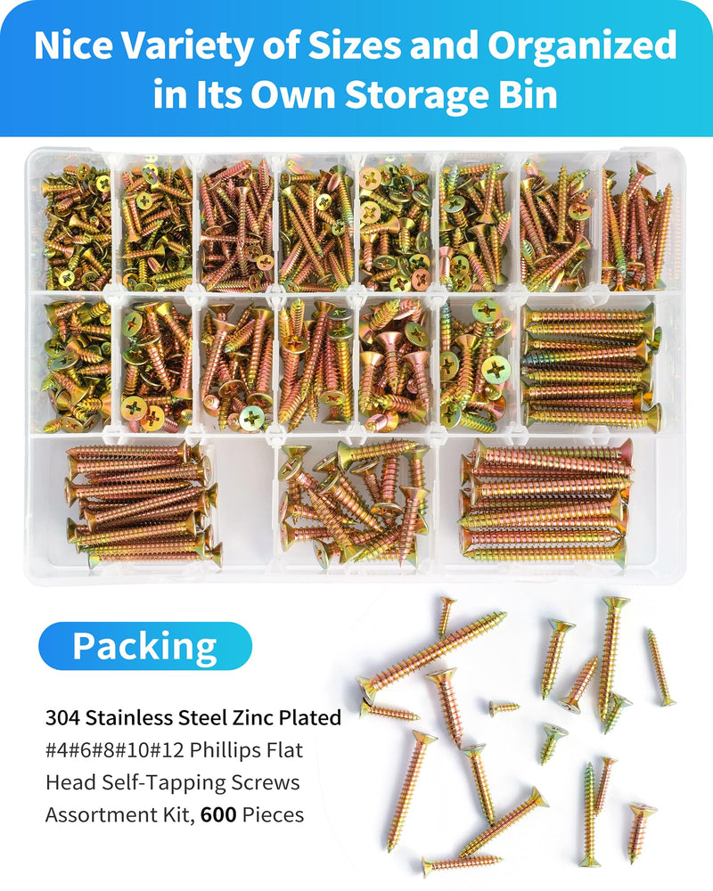 600Pcs Stainless Steel Zinc Plated Wood Screws Assortment Kit, #4#6#8#10#12 Phillips Flat Head Sheet Metal Screws Self Tapping Screws Set,Length 3/8" to 2" (Gold-Flat Head 600PCS) Gold-Flat Head 600PCS