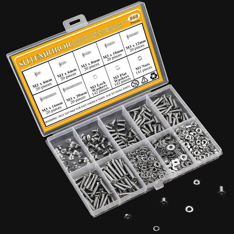 [Australia - AusPower] - 565 Pieces M3 Screws Nuts Washers Set, Sutemribor M3 x 4/6/8/10/12/16/20mm Countersunk Head Socket Cap Screws Nuts Washers Assortment Kit, 304 Stainless Steel, Fully Threaded 