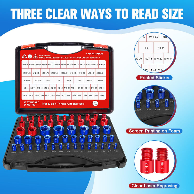 57Pcs Thread Checker, Nut and Bolt Thread Checker 33 Standard and 24 Metric Set, Thread Gauge Suitable for Nut or Bolt Size Finder in Narrow and Tricky Areas 57 Gauges - 33 Inch & 24 Metric