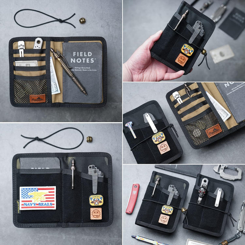 VIPERADE VE11 Pocket Journal Pouch, EDC Wallet Small Notebook Cover, Nylon Journal Cover for Field Notes, Utility EDC Organizer Pouch with DIY Patch Area Black