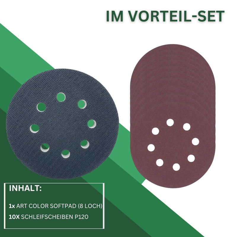 [Australia - AusPower] - Art Color Foam Soft Pad 125 mm for Bosch Random Orbital Sander (8 Holes) Including 10x Sanding Discs Grit P120 - Soft Pad with Velcro for Sanding Discs 