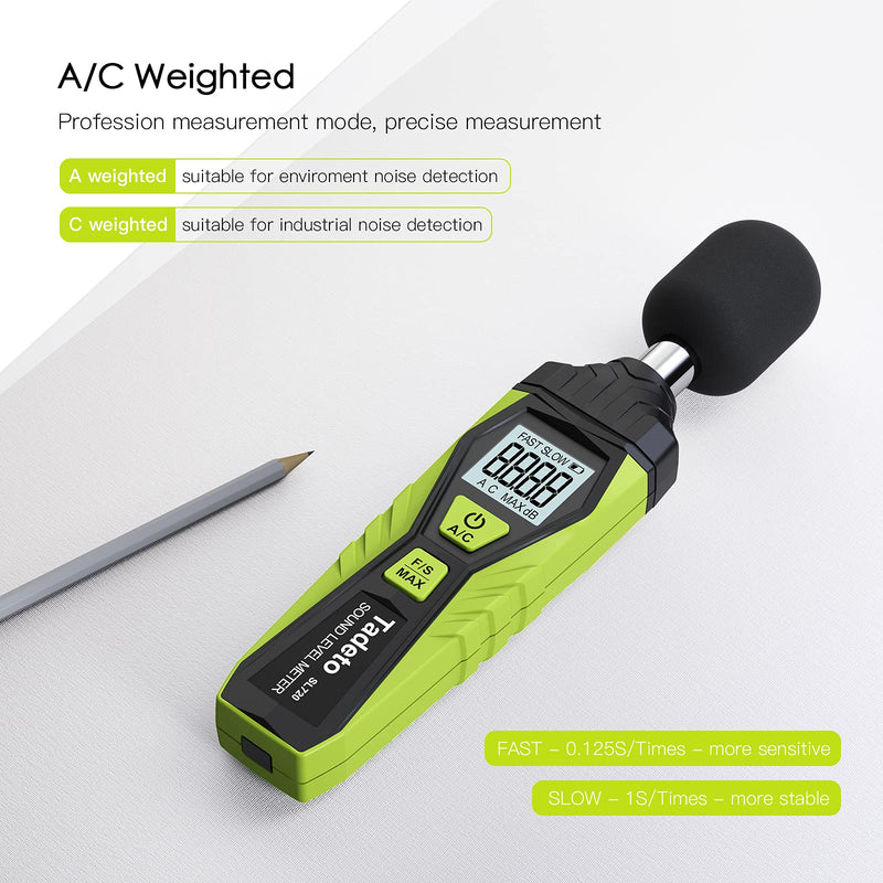 Decibel Meter, Tadeto Digital Portable Sound Level Meter 30 dB to 130 dB with LCD Display A/C Weighted for DIY Shops Green