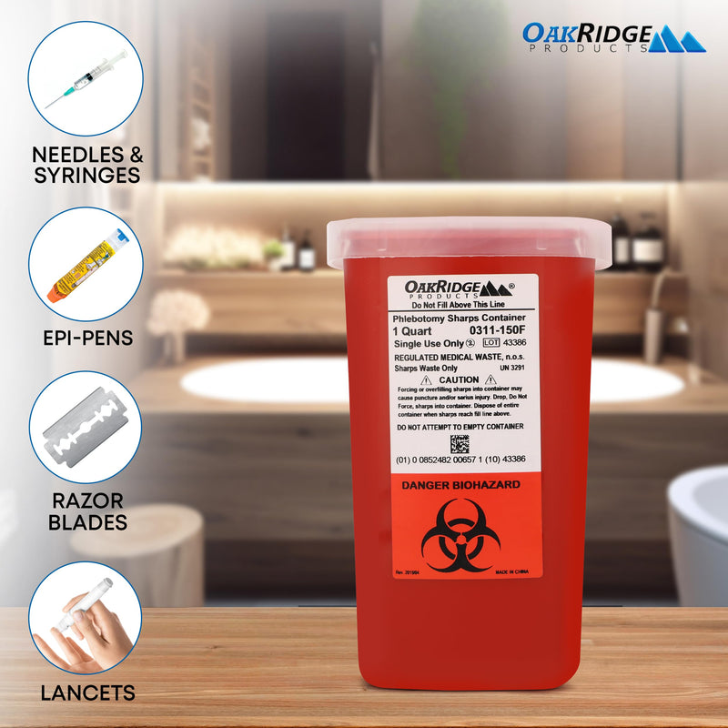 [Australia - AusPower] - Oakridge Products Sharps Container for Home Use and Professional 1 Quart (1-Pack), Biohazard Needle and Syringe Disposal, Flip-up Lid with Integrated Needle Inwinder, CDC Certified 
