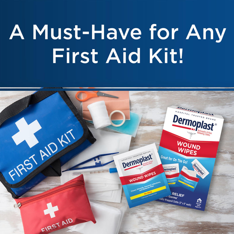 [Australia - AusPower] - Dermoplast Wound Wipes Medicated First Aid Cloths, Analgesic & Antiseptic Wipes for Treating Minor Cuts, Scrapes and Burns on The Go, Sting Free Formula, 10 Individual Cloths (Packaging May Vary) 3-in-1 First Aid Cloths 