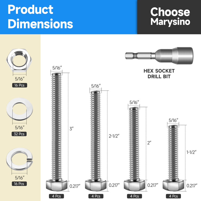 [Australia - AusPower] - 80Pcs SAE Stainless Steel Nuts and Bolts Assortment Kit,Including 5 Sizes 5/16 Bolts, Assorted Bolts Nuts and Washers Kit with Drill Bit 80Pcs 5/16"-18 