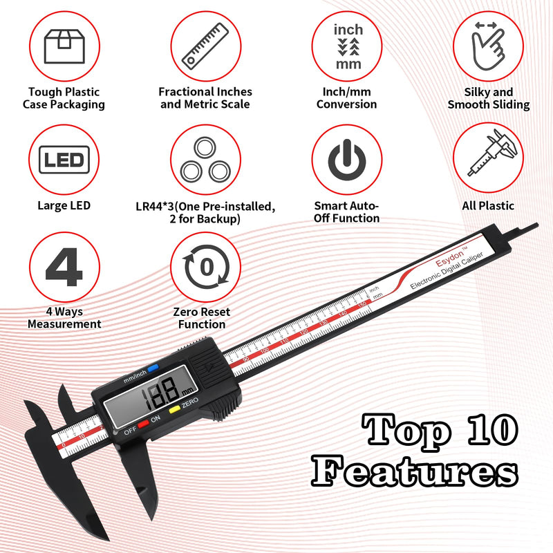 [Australia - AusPower] - Digital Caliper, Esydon Upgraded Calipers 6 inch, Measuring Tool, Electronic Ruler, with Large LCD Screen, Auto-Off Feature, Inch and Millimeter Conversion, Plastic Case, Perfect for Household, DIY 
