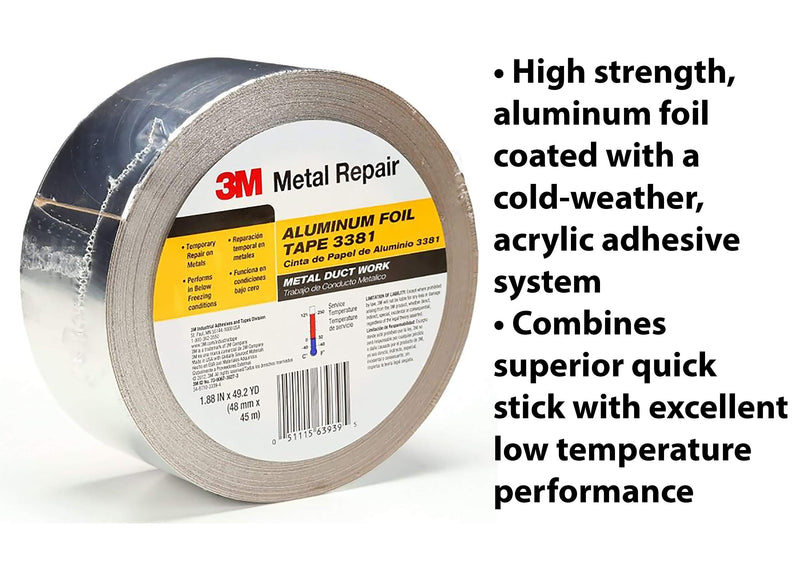 [Australia - AusPower] - 3M Aluminum Foil Tape 3381, 1.88 in x 50 yd, 2.7 mil, Silver, HVAC, Sealing and Patching, Moisture Barrier, Cold Weather, Air Ducts, Foam Sheathing Boards, Insulation, Metal Repair 3M 