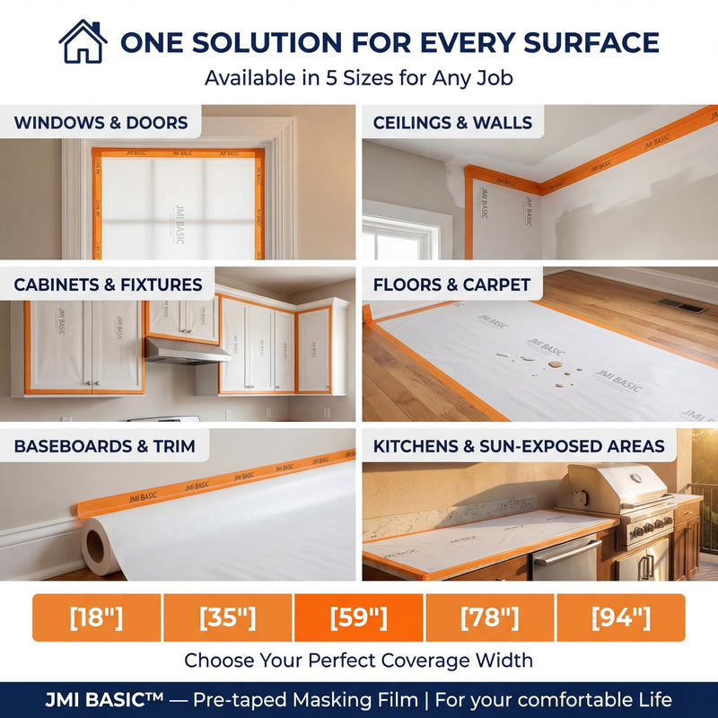 Pre-Taped Masking Film Sets - Multi Pack, Orange Tape and Drape Painters Plastic Sheeting for Painting, High Visibility Paint Plastic Covering Overspray Protection - 65 Feet (3, 15 Inch) 3